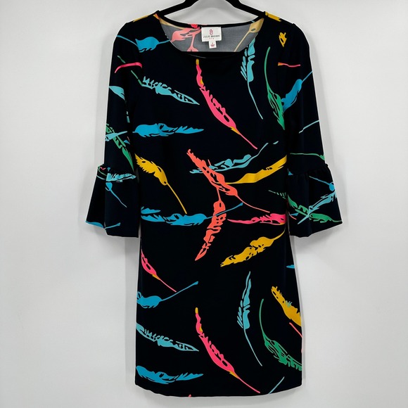 Julie Brown Dresses & Skirts - Julie Brown Womens Small Black Neon Bold Feather Print Ruffle Bell Sleeve Dress